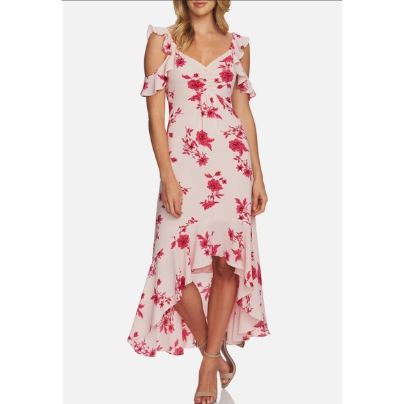 CECE Secret Blush Floral Spring Bouquet Ruffled Hi Low Maxi Dress Sz M - Picture 1 of 16